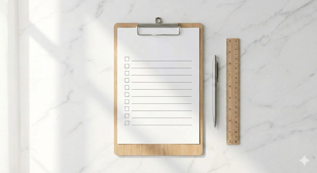 チェックリストとペンが置かれた白い机の俯瞰写真