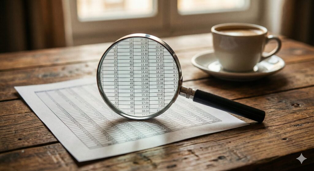 虫眼鏡で比較表を確認しているイメージ写真