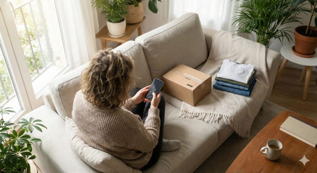 ソファに座りスマホで宅配クリーニングを注文するイメージ
