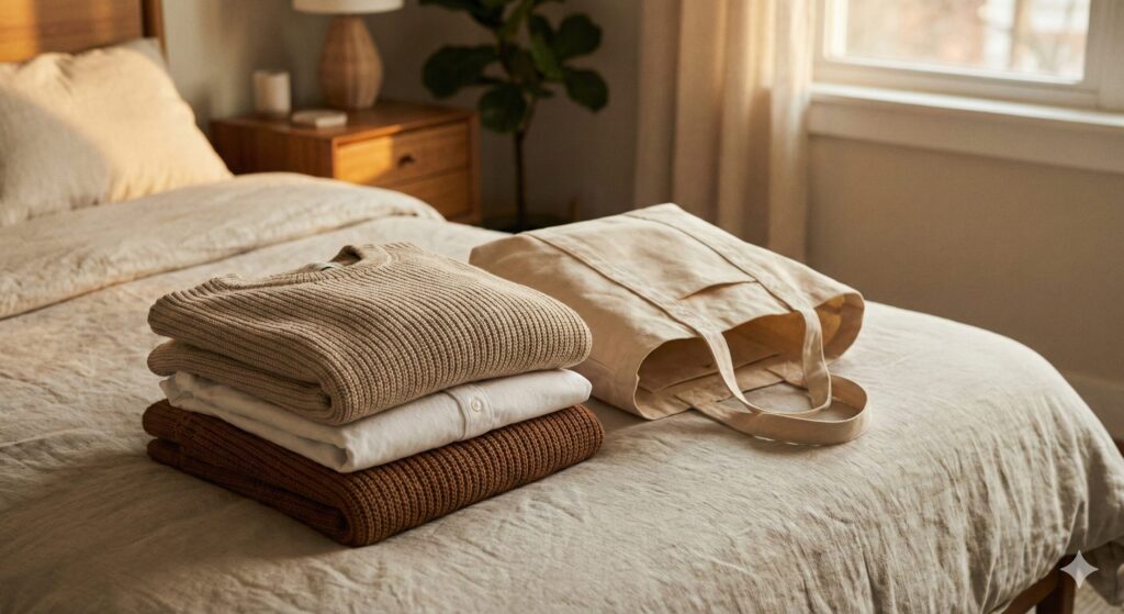 ベッドの上にきれいに畳まれた衣類と集荷バッグが並んでいる写真