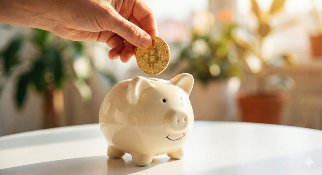 貯金箱にコインを入れようとしている手元のクローズアップ写真