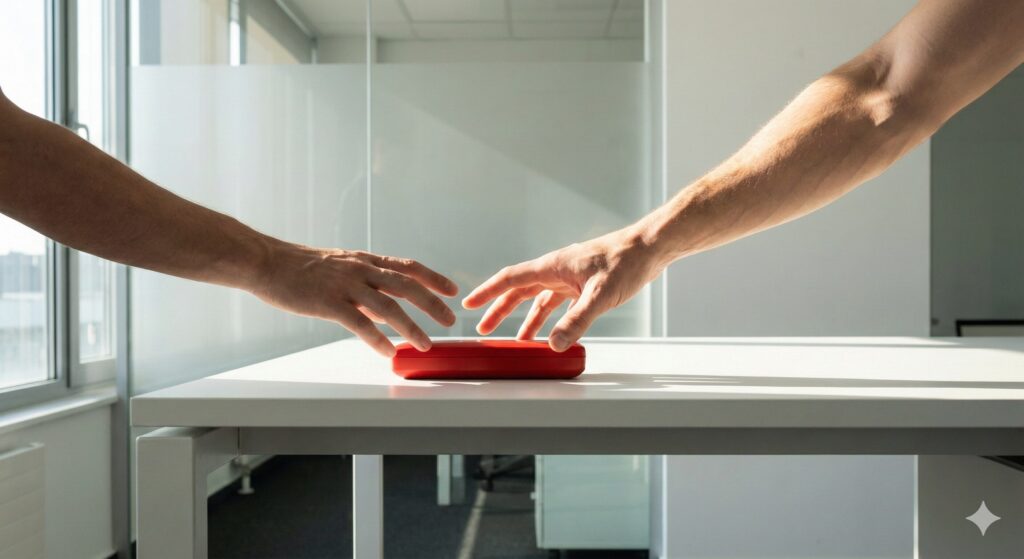 デスク上の電話に手を伸ばすイメージ写真