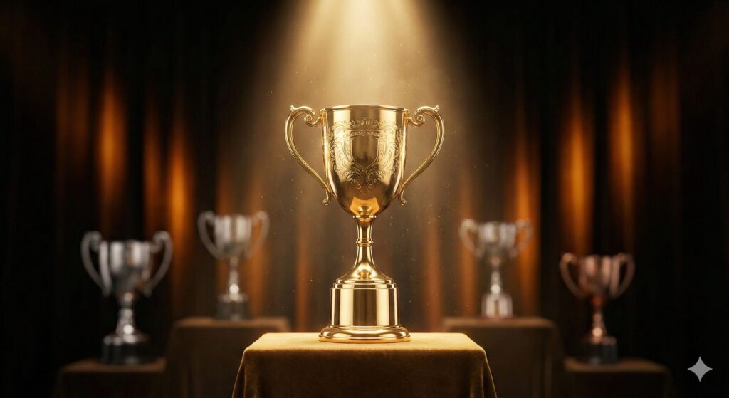 スポットライトに照らされた金色のトロフィーと表彰台の写真