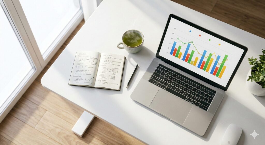 ノートパソコンとメモが置かれたデスクの俯瞰写真