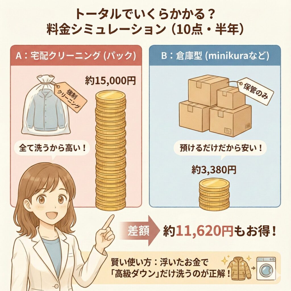 服の預かりサービスの料金シミュレーション。宅配クリーニングとの比較