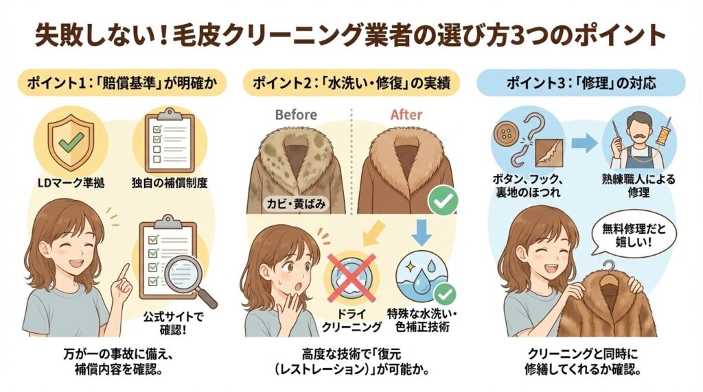 毛皮コートのクリーニング業者を選ぶ3つのポイント