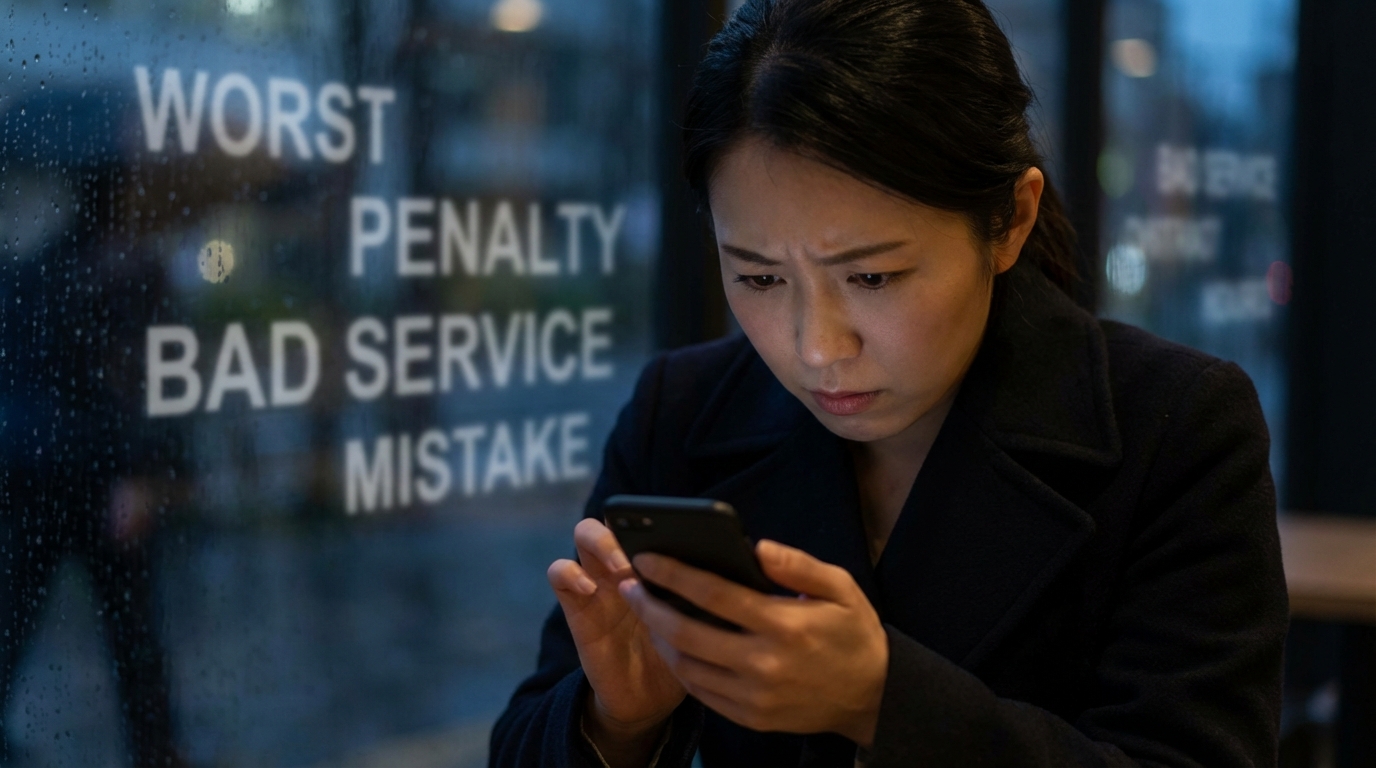 深刻な表情でスマホの口コミ画面を見ている30代女性。背景には美服パック「最悪」「ペナルティ」という文字が浮かんでいるイメージ図