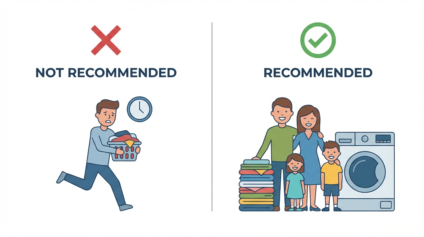 左右に分かれた比較イラスト。左側は「向いていない人(少量・急ぎ)」で×印、右側は「向いている人(大家族・大量)」で◎印。