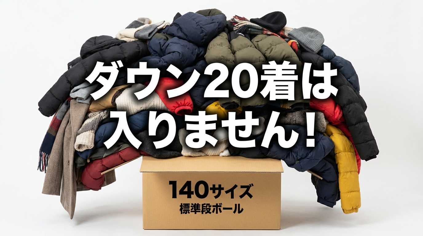段ボール箱(140サイズ)と、その横に積み上げられた大量の冬服(ダウンジャケット含む)。日本語テキストで「ダウン20着は入りません!」と注意書きがある図解。