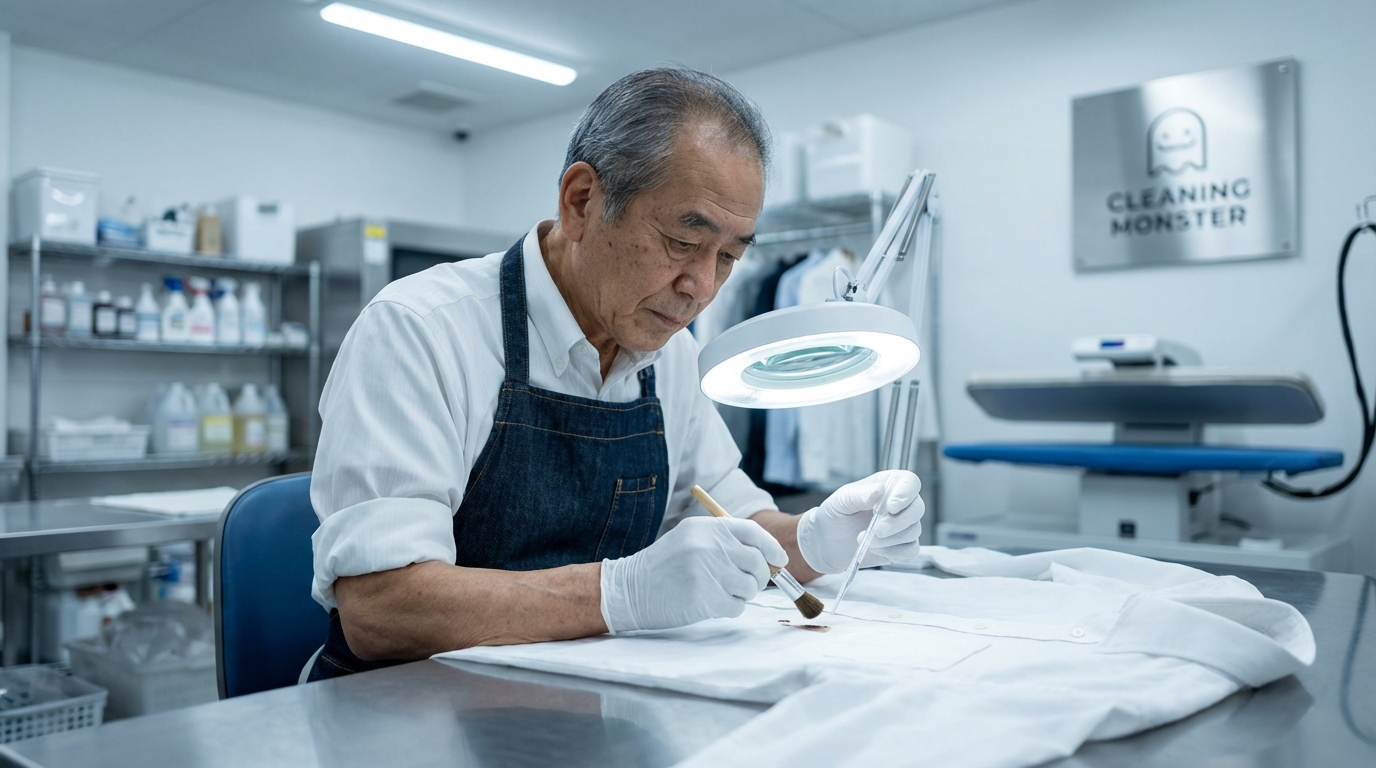 クリーニングモンスターのロゴや「不入流」の職人が作業しているイメージ