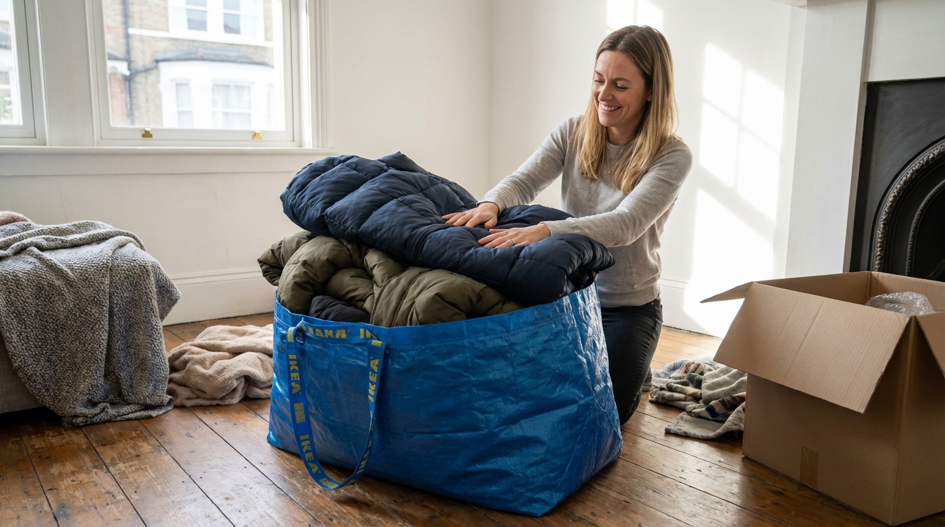 非常に大きな集荷バッグにダウンジャケットやコートを詰めている様子