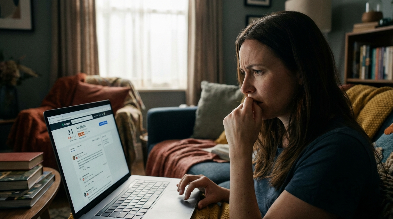 パソコンの画面を見ながら悩んでいる女性のイメージ。画面には星1つのレビューなどが表示されている