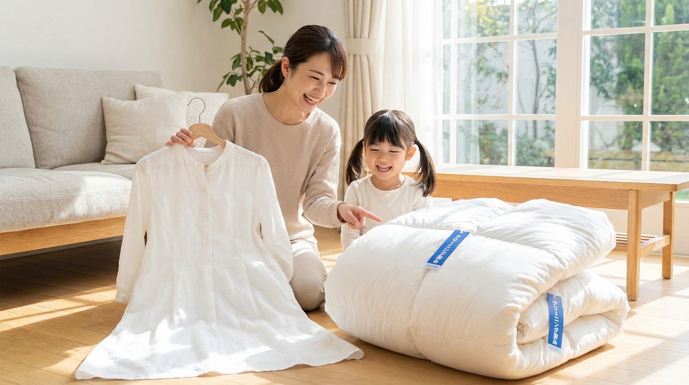新品のように綺麗になった子供服や布団を見て喜ぶ家族の様子
