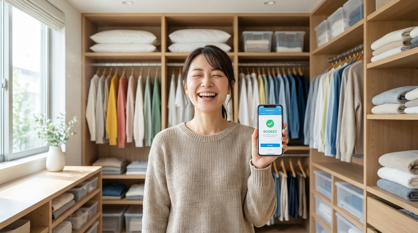クローゼットが整理整頓され、笑顔でスマホを持つ30代女性のイメージ