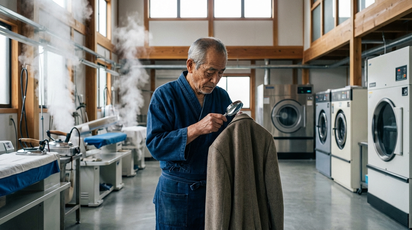 広大なクリーニング工場で、熟練の職人が真剣な眼差しで衣類をチェックしている様子