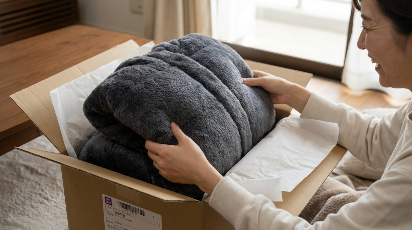 箱を開封し、丁寧に梱包されたふっくらしたダウンジャケットを見て、驚き喜ぶ女性の手元