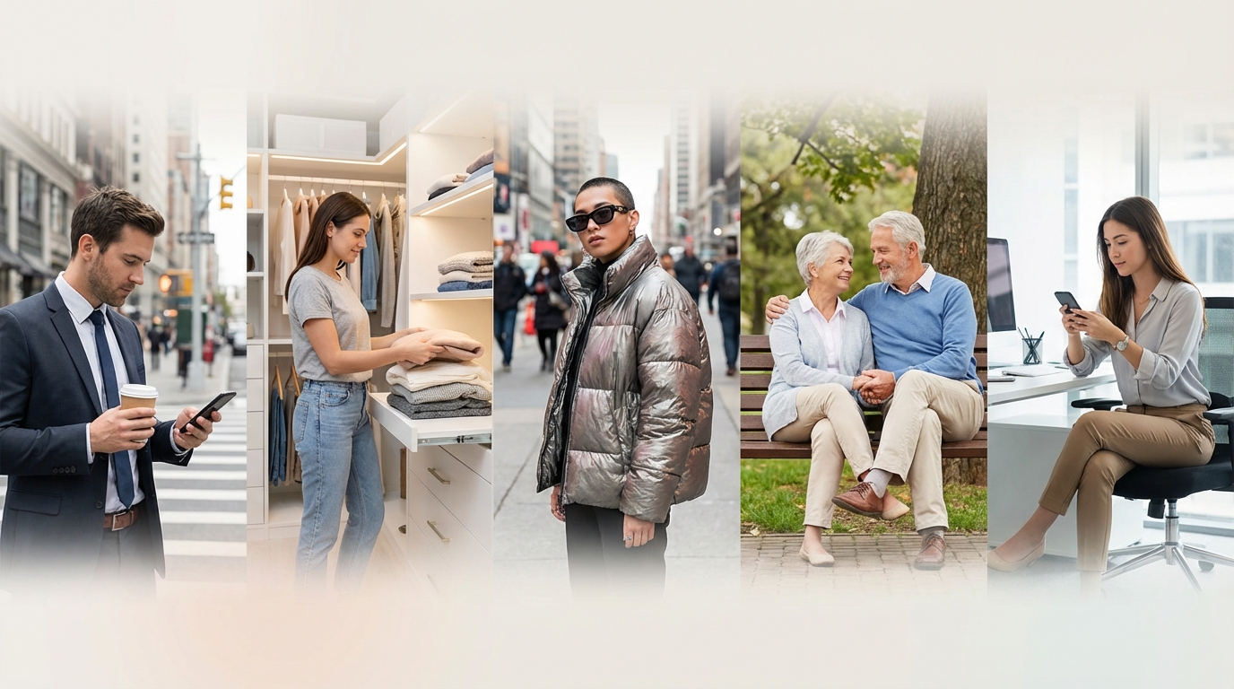 5人の異なるライフスタイルの人物が、それぞれの場所で満足そうに過ごしているコラージュ画像