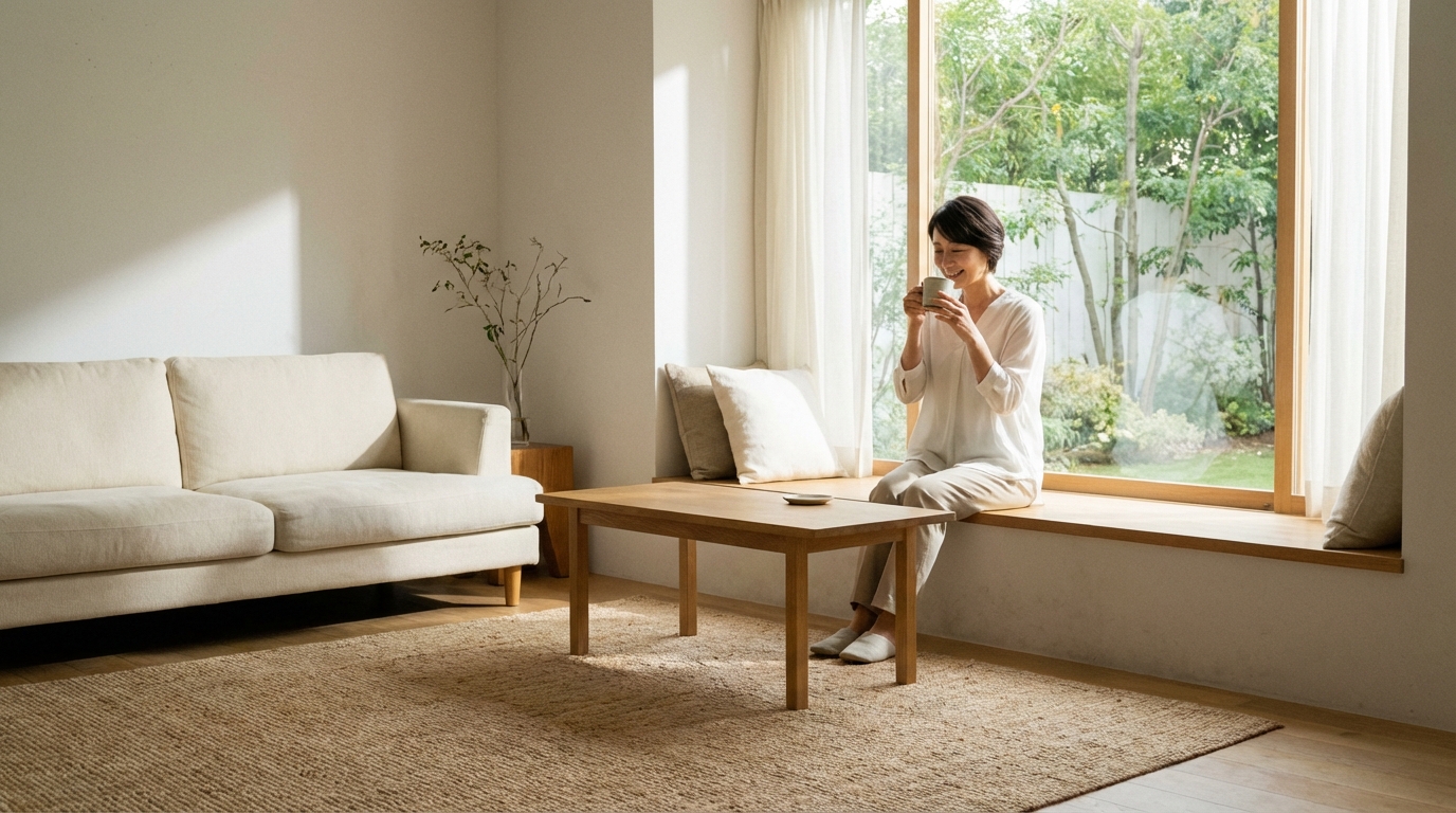 スッキリ片付いた美しい部屋で、コーヒーを飲みながらリラックスしている女性のイメージ