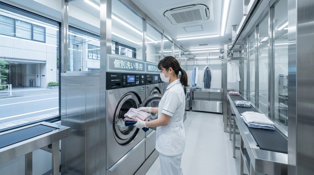 クリラボの清潔な工場内で、小型の洗浄機を使って少量の衣類を丁寧に洗っている様子