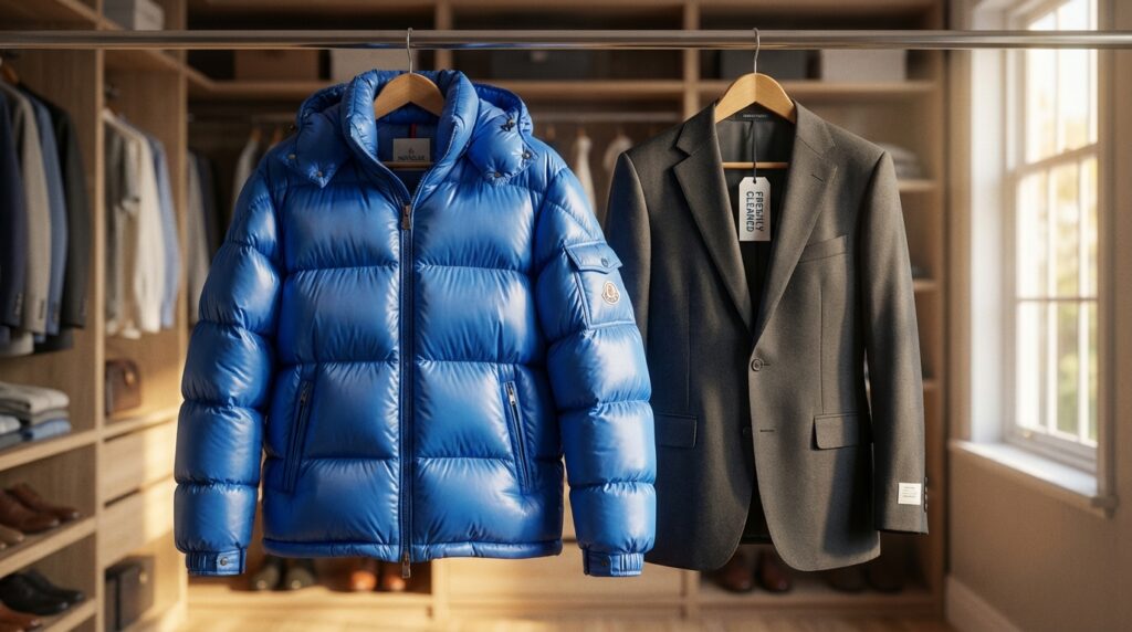 クリラボでふっくらと仕上がったダウンジャケットと、立体的にプレスされたスーツがハンガーにかかっている様子