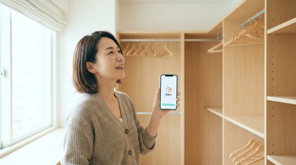 クリラボの保管サービスに出したことで整理整頓された広々としたクローゼットと、スマホ画面で「保管中」のステータスを確認している主婦のイメージ