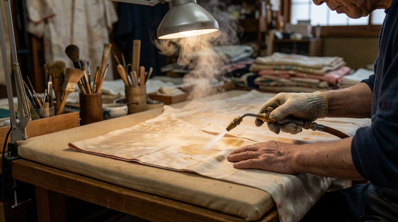 京都式しみ抜き機を使って、クリコムの職人が真剣な眼差しでシミを抜いている様子