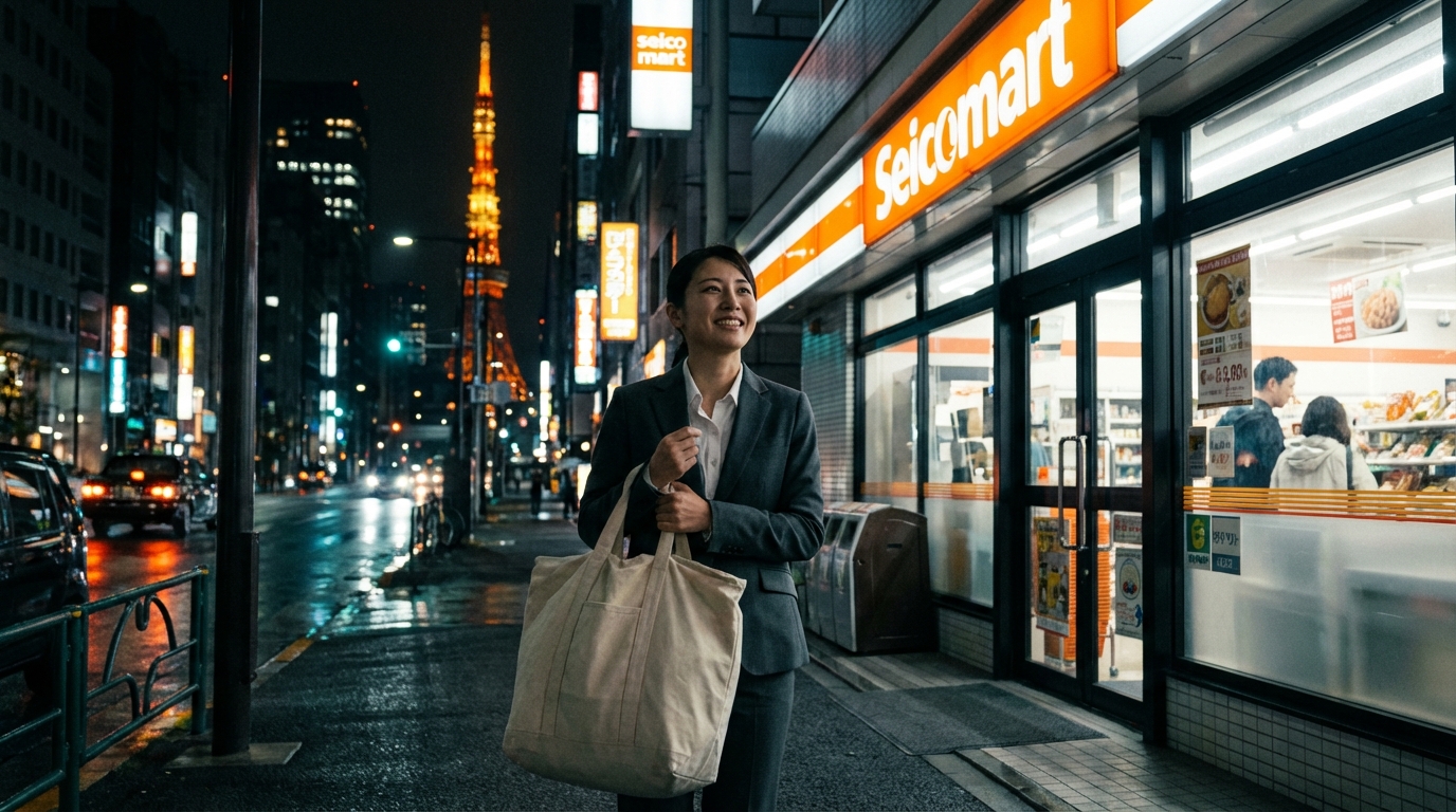 夜のコンビニエンスストアの前で、仕事帰りの女性がクリーニングの入ったバッグを持っているシーン