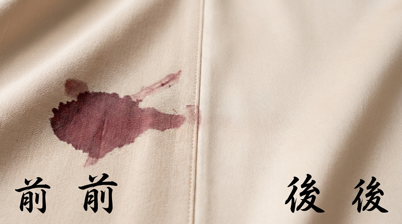 ビフォーアフターのイメージ。左側にシミのある服、右側に綺麗になった服を並べた比較画像