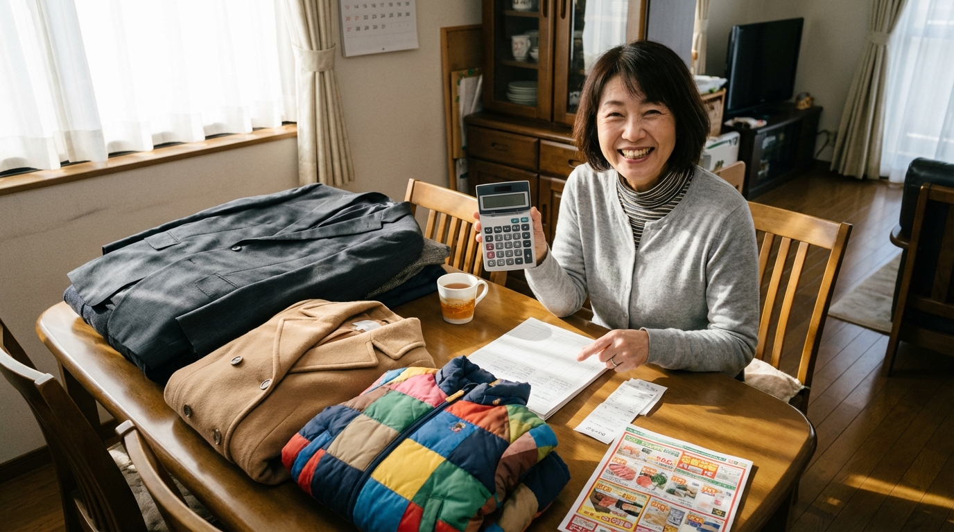 家族の冬服（スーツ、コート、子供服）をテーブルに並べて、電卓で計算して笑顔になっている主婦