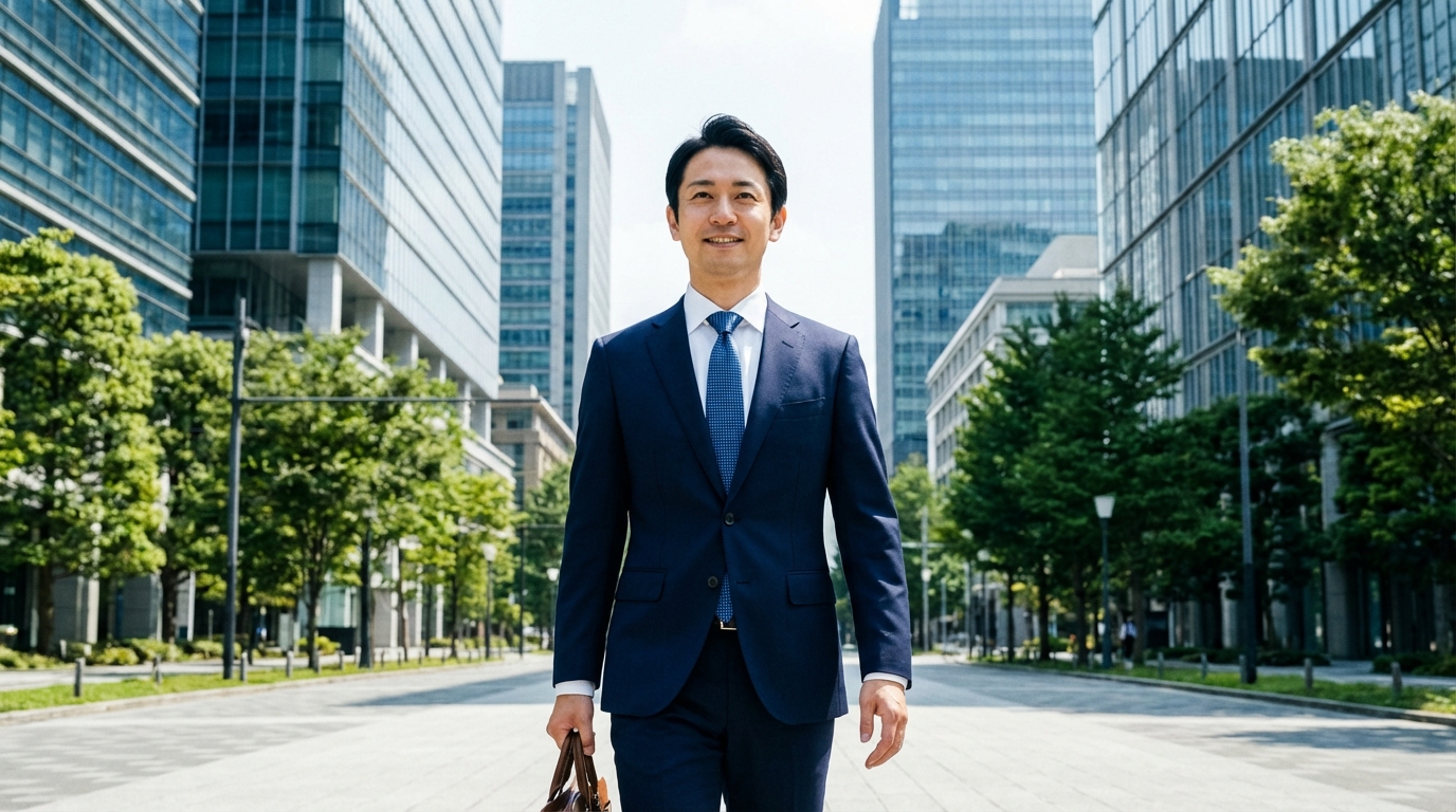 パリッとしたスーツを着て、自信に満ちた表情で歩く30代～40代のビジネスマン。背景は明るいオフィス街
