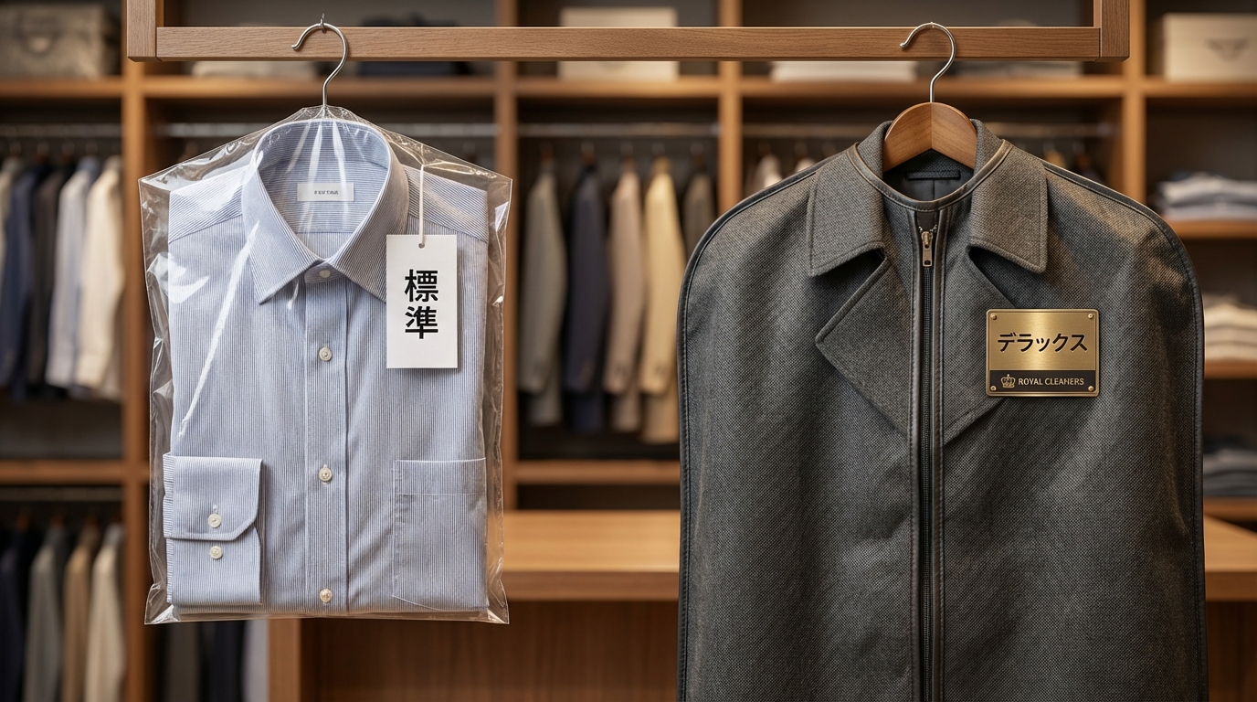 通常コース（ビニール包装）とデラックスコース（不織布包装・高級感）の仕上がり比較イメージ