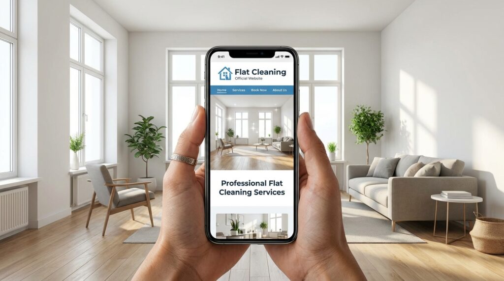 フラットクリーニングの公式サイトトップページが表示されたスマホで見ているイメージ