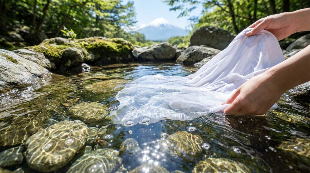 フラットクリーニングで使用されている富士山の伏流水(きれいな水)のイメージと、洗濯される白いシャツ