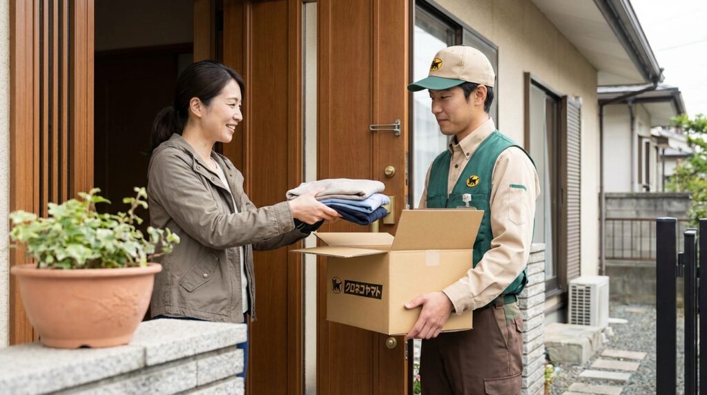 フラットクリーニングに注文し玄関先でヤマト運輸の配達員から箱を受け取り、衣類を渡すシーン