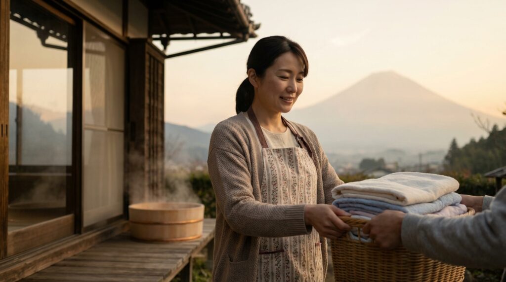 フラットクリーニングから戻ってきた洋服を安心した表情で受け取る女性