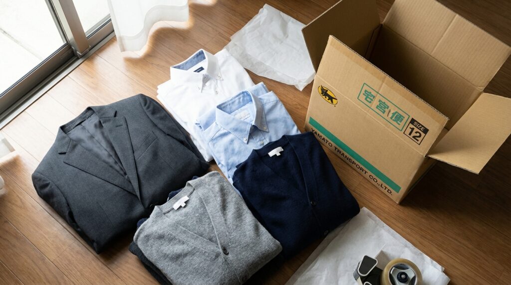床に並べられた衣類(スーツ、シャツなど)と、その横にあるフラットクリーニングに送付するためのダンボール箱のサイズ感を比較するイメージ図