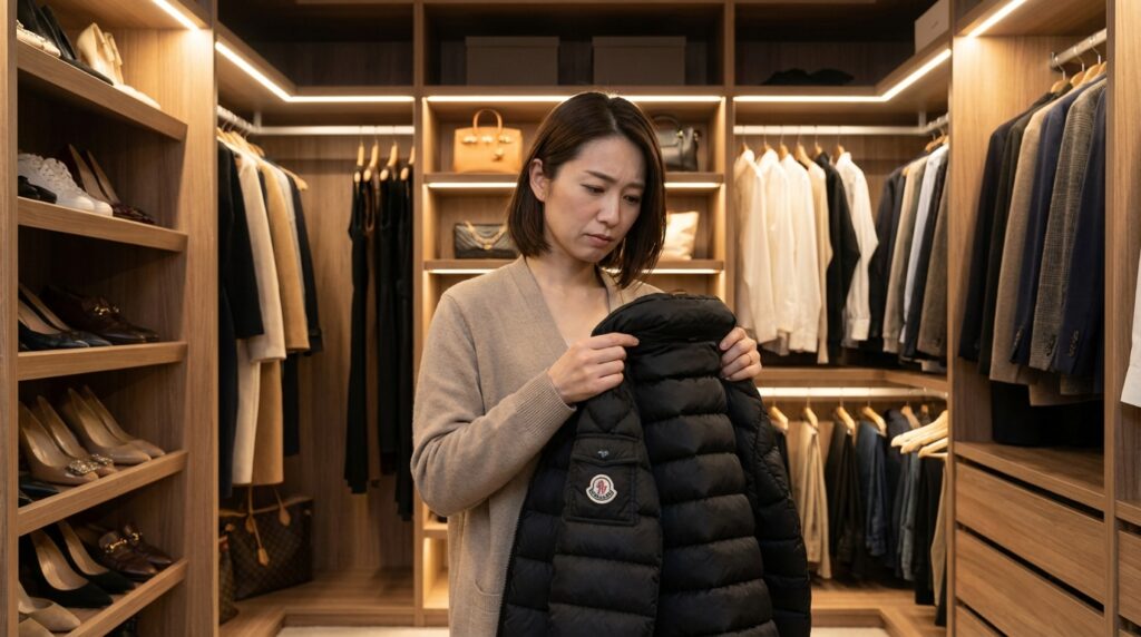 高級ダウンが並ぶクローゼットで、HIRAISHIYAにクリーニングに出すか検討している男性