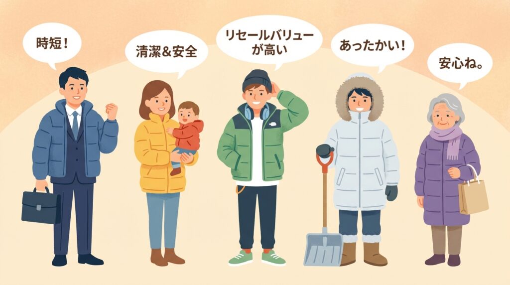 5人の異なる世代・性別の人物が、それぞれHIRAISHIYAにクリーニングに出すことできれいになったダウンを嬉しそうに着ているイラスト