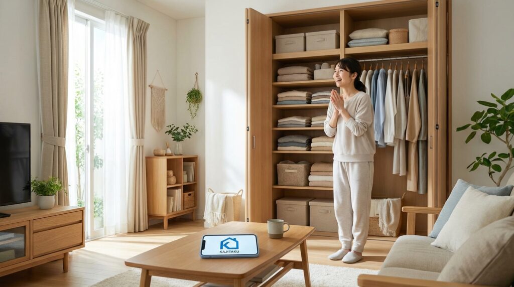 カジタクのサービスイメージ。クローゼットがすっきりして喜ぶ女性