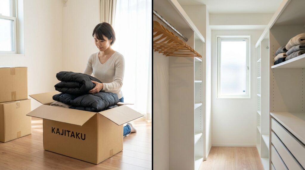 回収箱に衣類を詰める様子と、スッキリしたクローゼットの対比