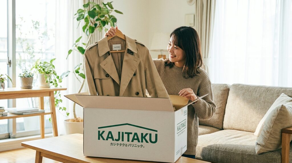 カジタクから届いたダンボールを開封し、すぐに服をハンガーにかけるシーン