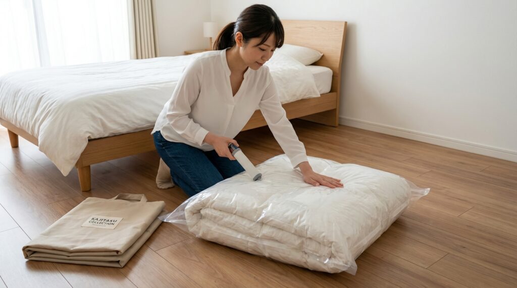 圧縮袋を使って布団を小さくし、回収袋に詰める様子