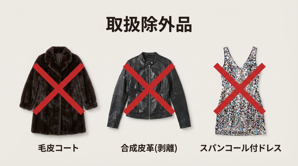 カジタクのNG衣類の例（毛皮、剥がれかけた合皮ジャケットなど）を示すイラスト図解