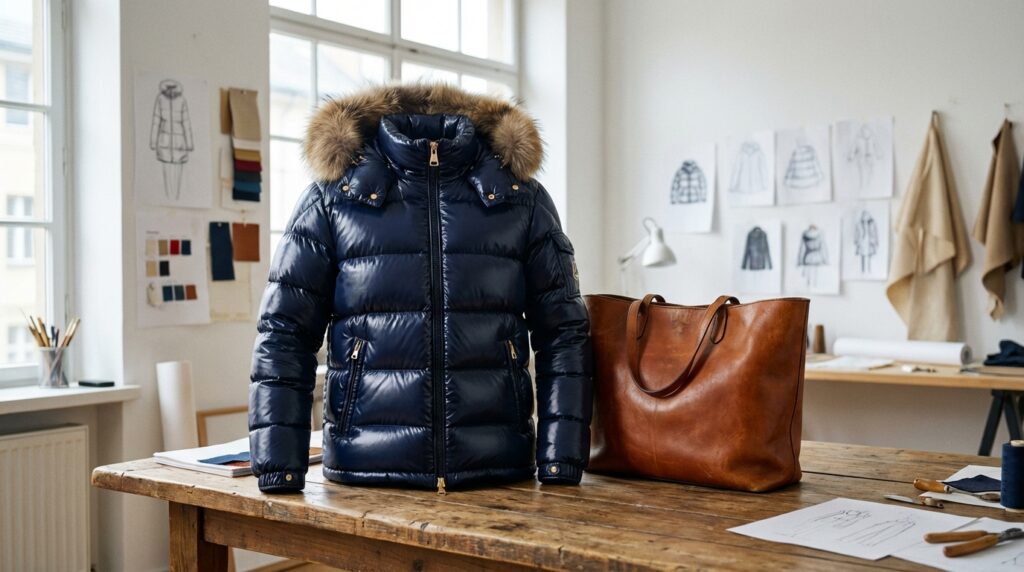 高級ダウンジャケット（モンクレールのような光沢のあるネイビー）と、レザーバッグが並んでいるキレイナのアトリエイメージ