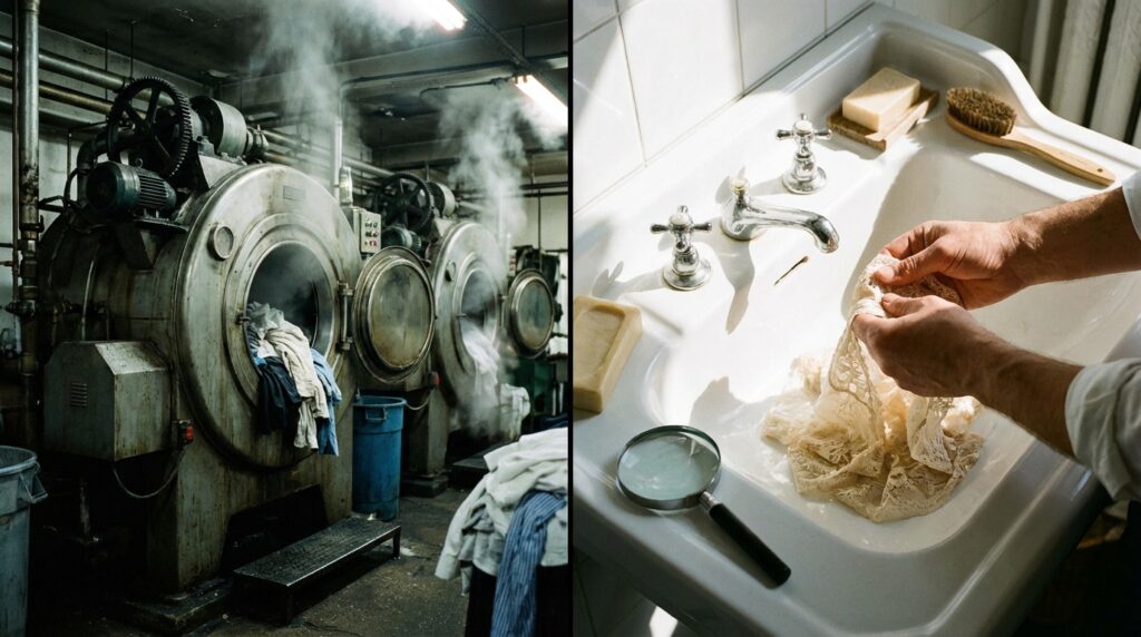 一般的なドライクリーニングのイメージ（機械で大量に回している）とキレイナのウェットクリーニングのイメージ（職人が手作業で一点を洗っている）を対比させた図