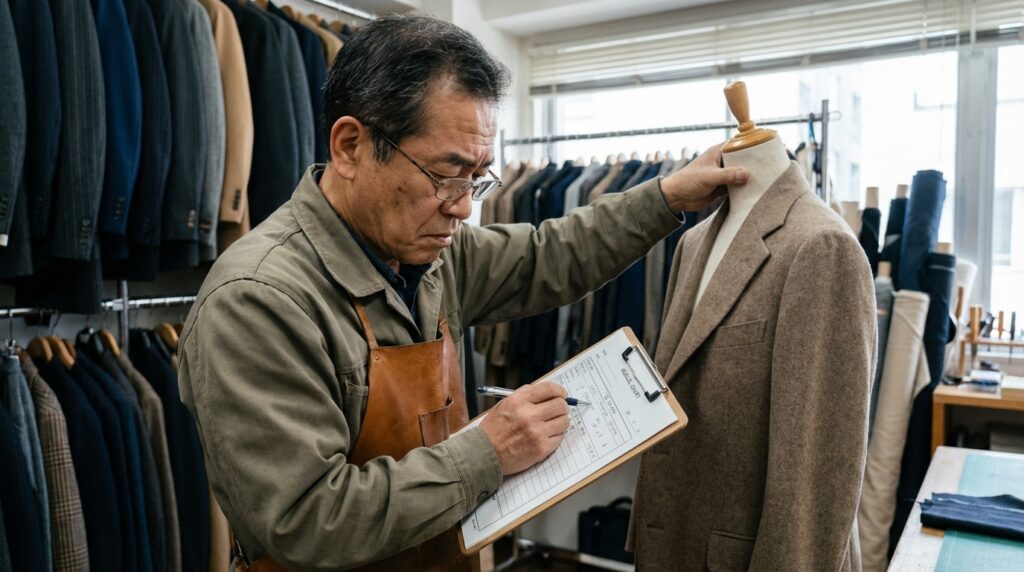 キレイナの職人がタブレットやバインダーを持ち、衣類の状態を真剣な表情でチェックしているイメージ