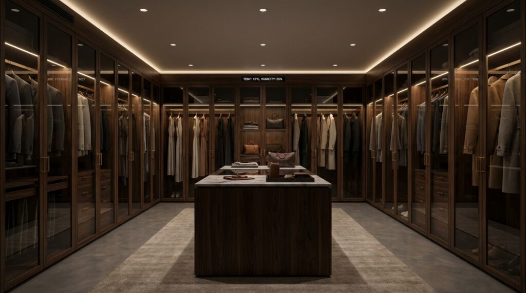 キレイナの保管サービスのイメージ。整然と並んだ高級衣類が、ゆとりを持ってハンガーに掛けられており清潔で、薄暗い（遮光された）落ち着いた空間