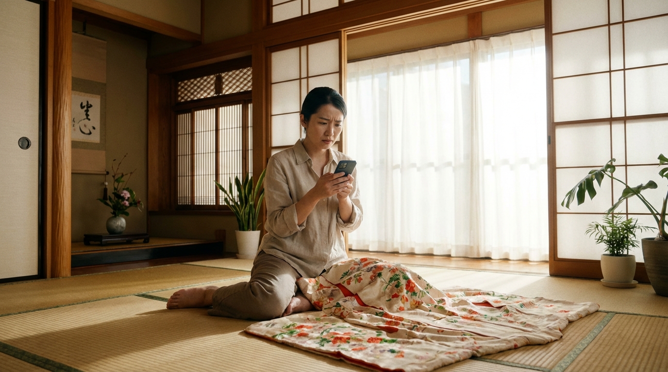 着物を前に悩み、スマホで口コミを見ている30代女性。背景は明るい和室