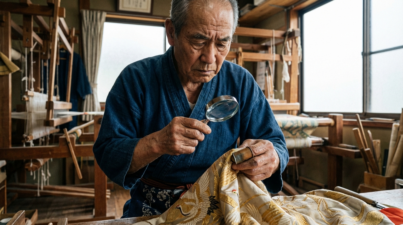 熟練の職人が真剣な眼差しで着物を検品しているシーン