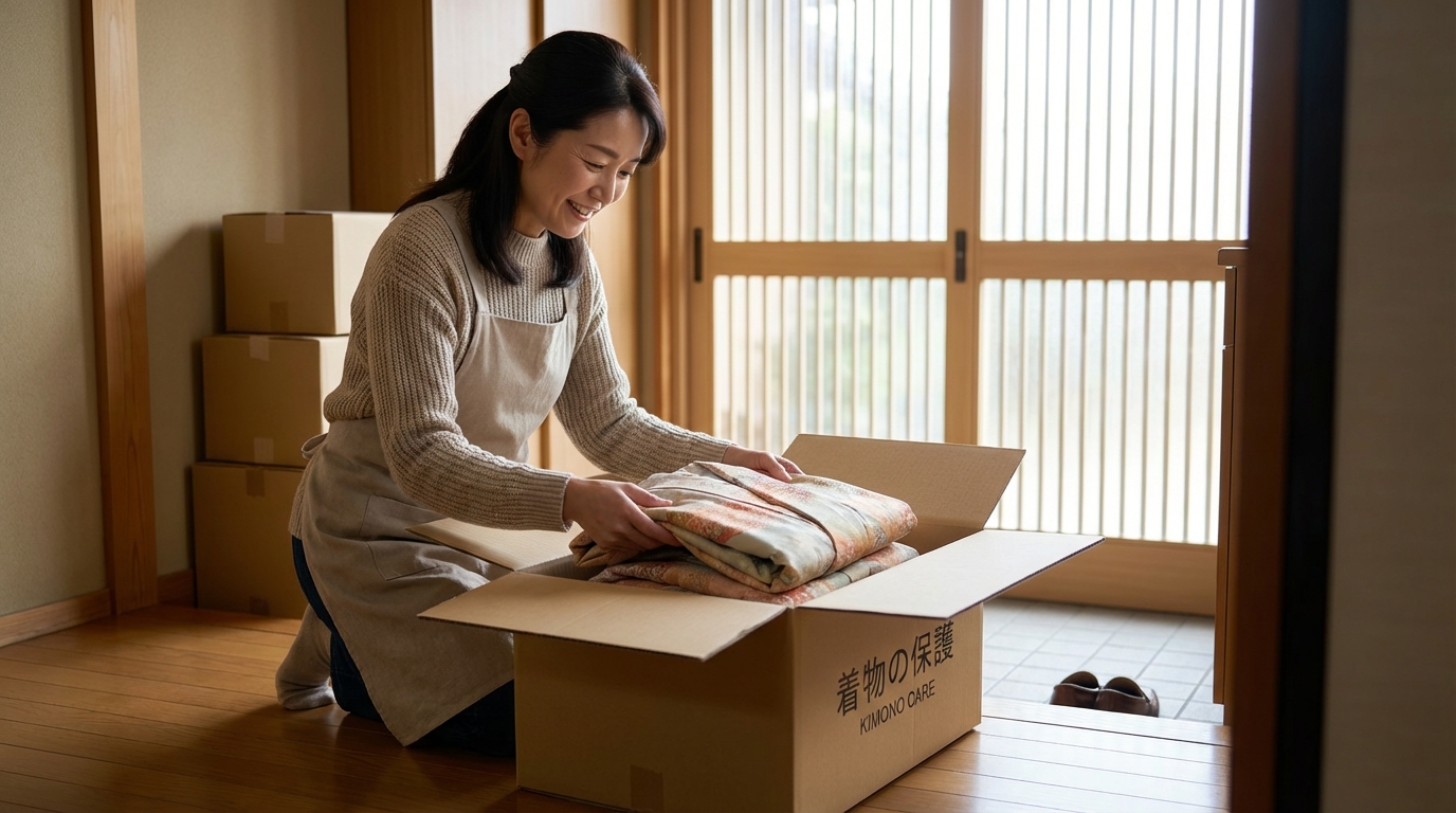 自宅の玄関で、届いた専用キットに着物を入れている主婦のシーン